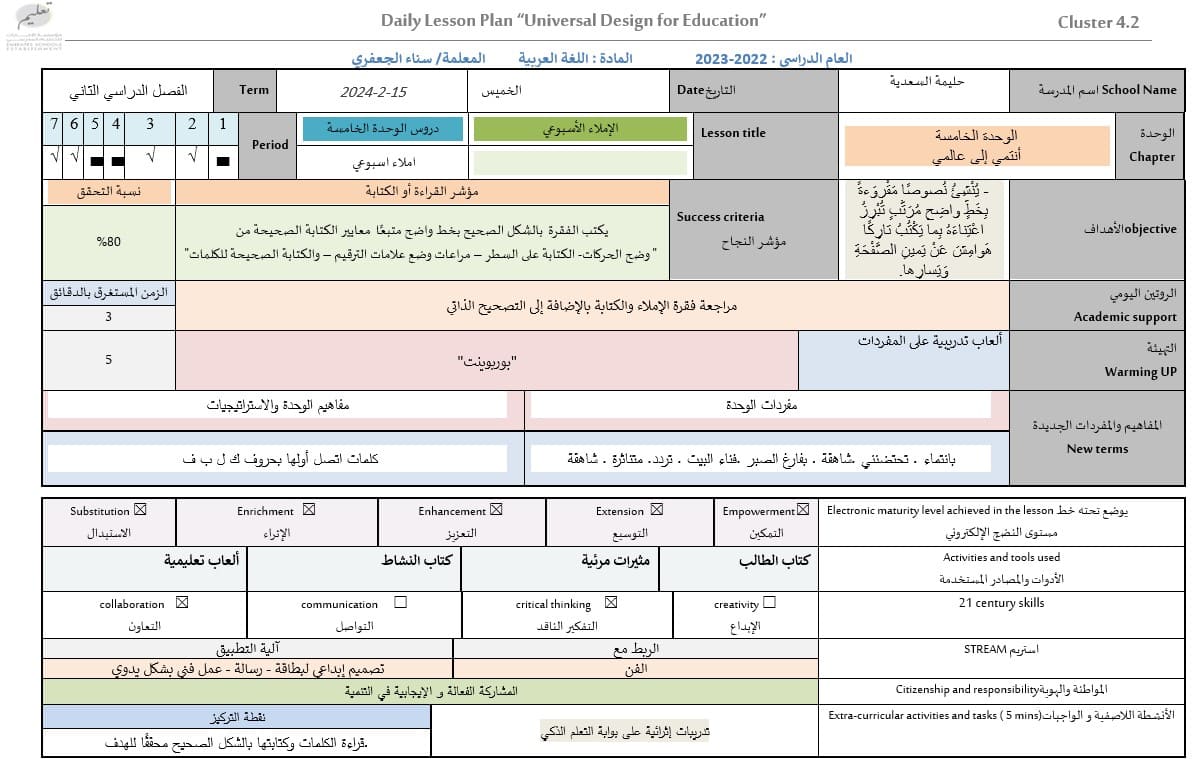 الخطة الدرسية اليومية الإملاء الأسبوعي اللغة العربية الصف الثالث 