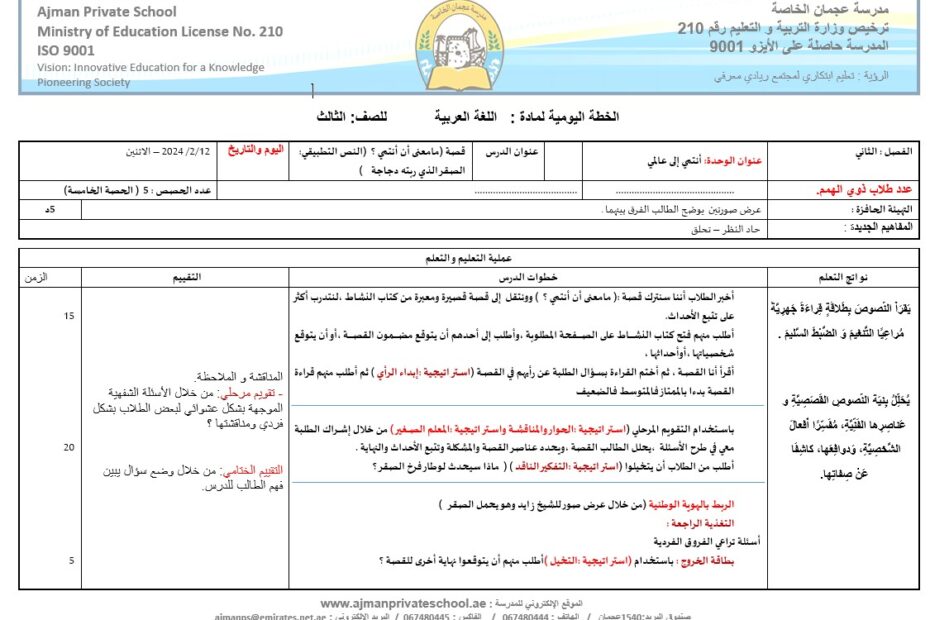 الخطة الدرسية اليومية الصقر الذي ربته دجاجة اللغة العربية الصف الثالث