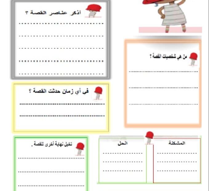 ورقة عمل عناصر قصة بلا قبعة اللغة العربية الصف الثاني