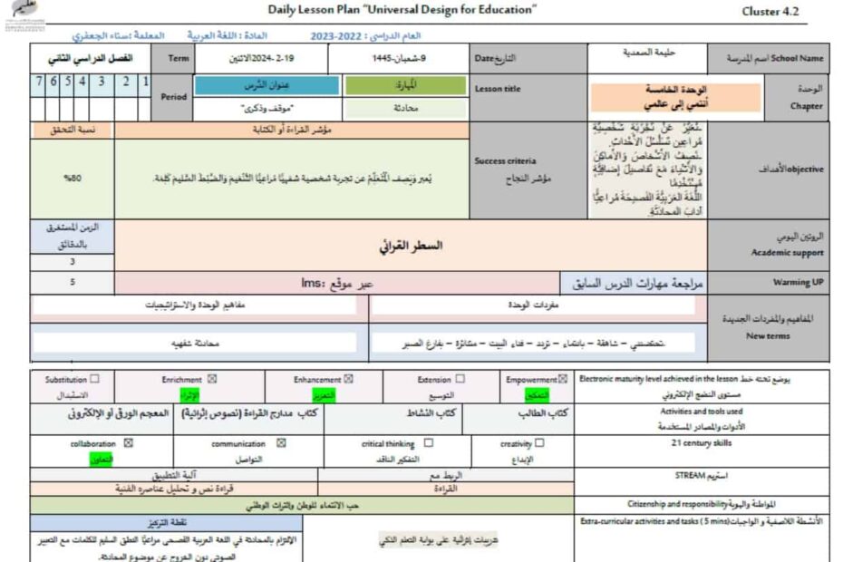 الخطة الدرسية اليومية موقف وذكرى اللغة العربية الصف الثالث