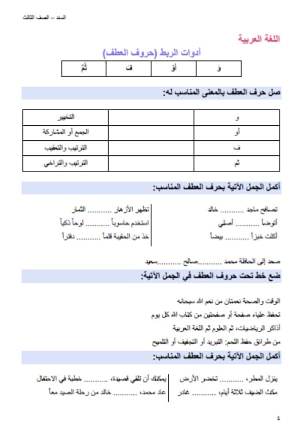 أوراق عمل حروف العطف اللغة العربية الصف الثالث