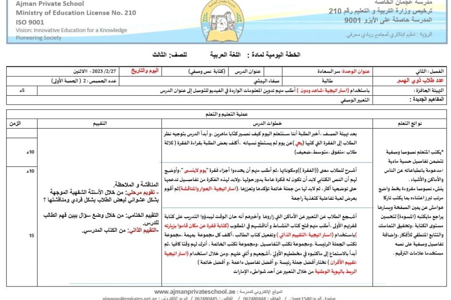 الخطة الدرسية اليومية كتابة نص وصفي اللغة العربية الصف الثالث