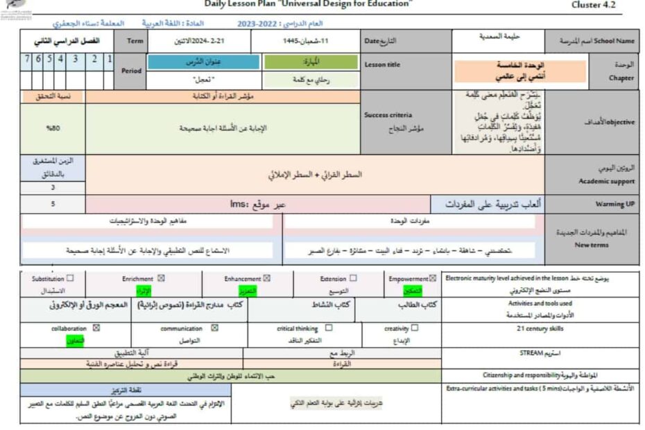 الخطة الدرسية اليومية رحلتي مع كلمة تعجل اللغة العربية الصف الثالث