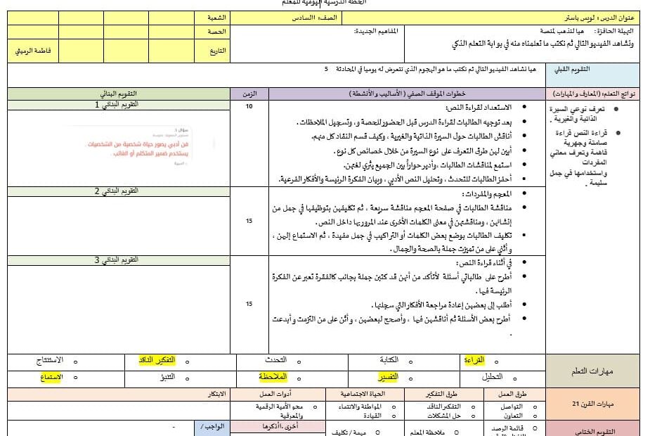 الخطة الدرسية اليومية لويس باستر مكتشف الجراثيم اللغة العربية الصف السادس