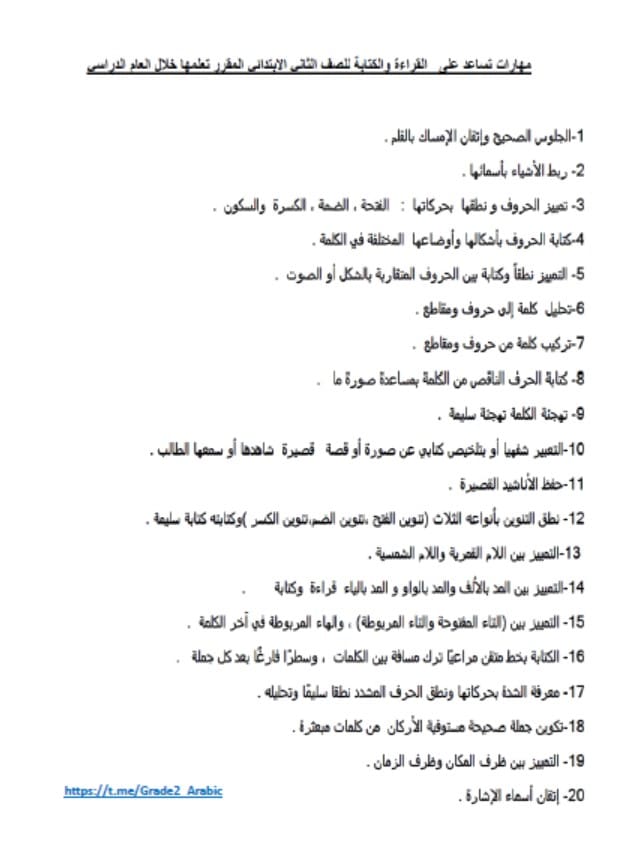 مهارات تساعد على القراءة والكتابة اللغة العربية الصف الثاني