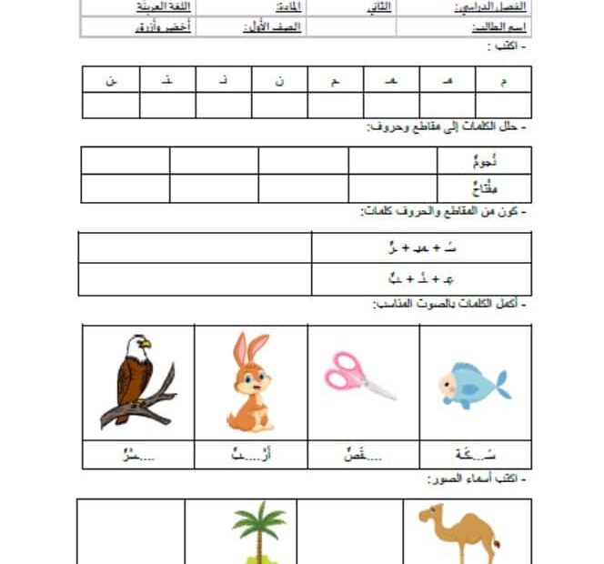 ورقة عمل حرف الميم والنون اللغة العربية الصف الأول