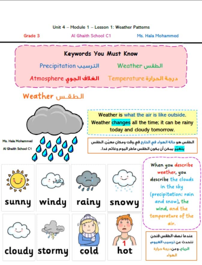 ملخص Weather Patterns العلوم المتكاملة الصف الثالث