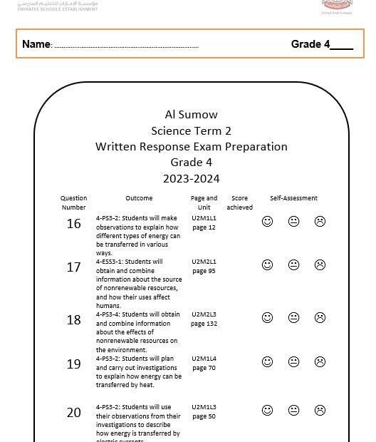 أوراق عمل Written Response Exam Preparation العلوم المتكاملة الصف الرابع