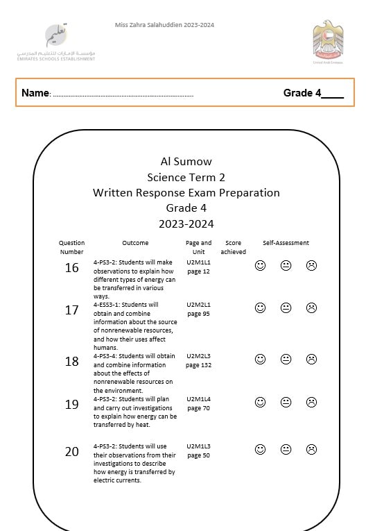 أوراق عمل Written Response Exam Preparation العلوم المتكاملة الصف الرابع