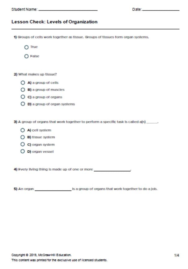 حل أوراق عمل Levels of Organization العلوم المتكاملة الصف السادس