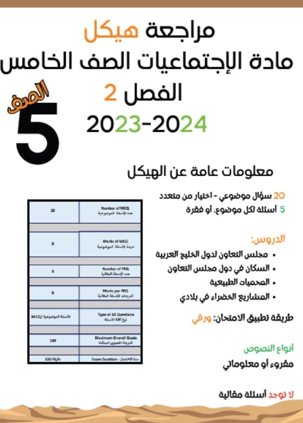 مراجعة هكيل امتحان الدراسات الإجتماعية والتربية الوطنية الصف الخامس