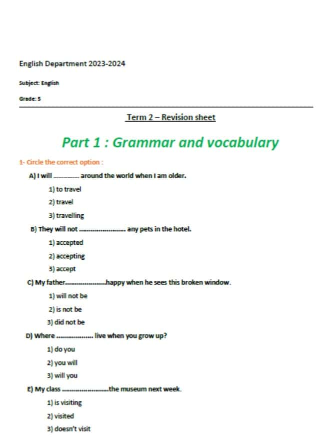أوراق عمل مراجعة Grammar and vocabulary اللغة الإنجليزية الصف الخامس