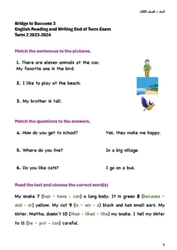 تدريبات Reading and Writing للاختبار النهائي اللغة الإنجليزية الصف الثالث