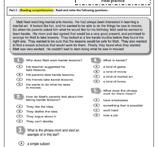 حل نموذج Final practice اللغة الإنجليزية الصف الخامس