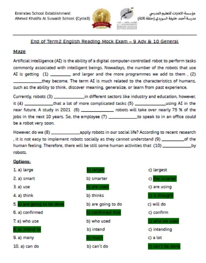 حل مراجعة Reading Mock Exam اللغة الإنجليزية الصف التاسع متقدم والعاشر عام 