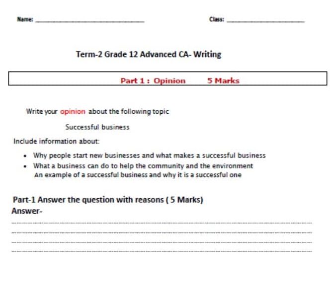 ورقة عمل Writing اللغة الإنجليزية الصف الثاني عشر متقدم