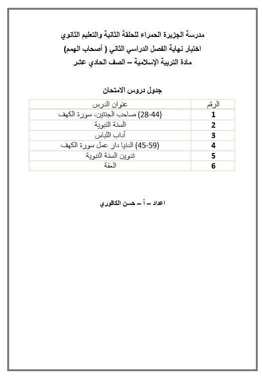 اختبار نهاية الفصل الثاني لأصحاب الهمم التربية الإسلامية الصف الحادي عشر 