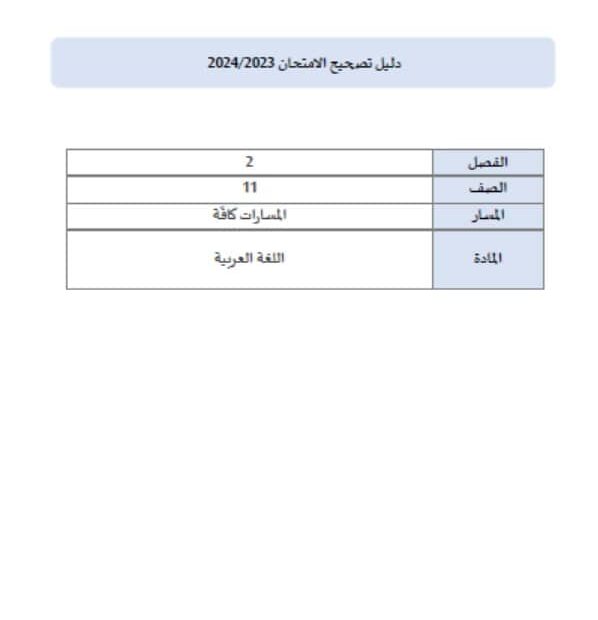 دليل تصحيح الامتحان اللغة العربية الصف الحادي عشر الفصل الدراسي الثاني 2023-2024