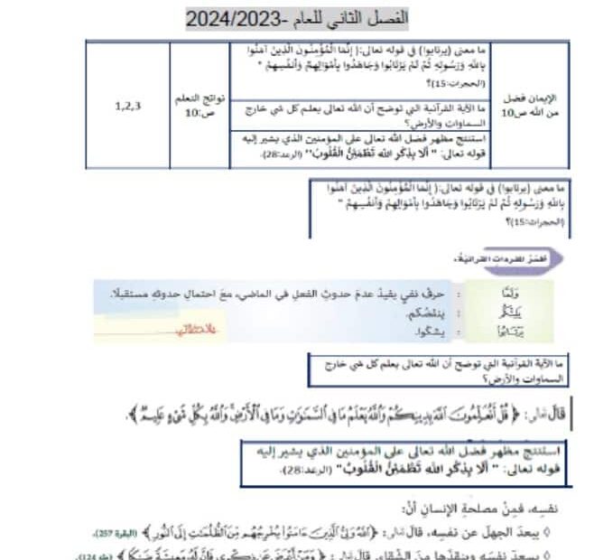 نموذج تدريبي هيكلة الاختبارات المركزية التربية الإسلامية الصف التاسع