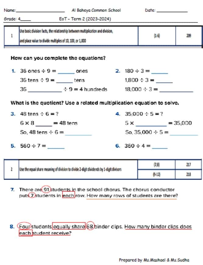 أسئلة تدريبية حسب الهيكل الرياضيات المتكاملة الصف الرابع ريفيل