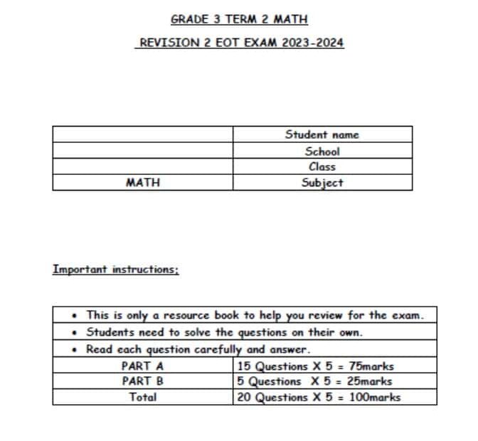 تدريبات REVISION 2 EOT EXAM الرياضيات المتكاملة الصف الثالث ريفيل