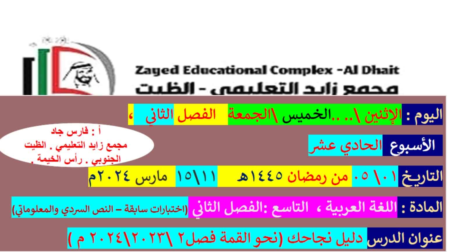 مراجعة عامة حسب الهيكل الوزاري اللغة العربية الصف التاسع