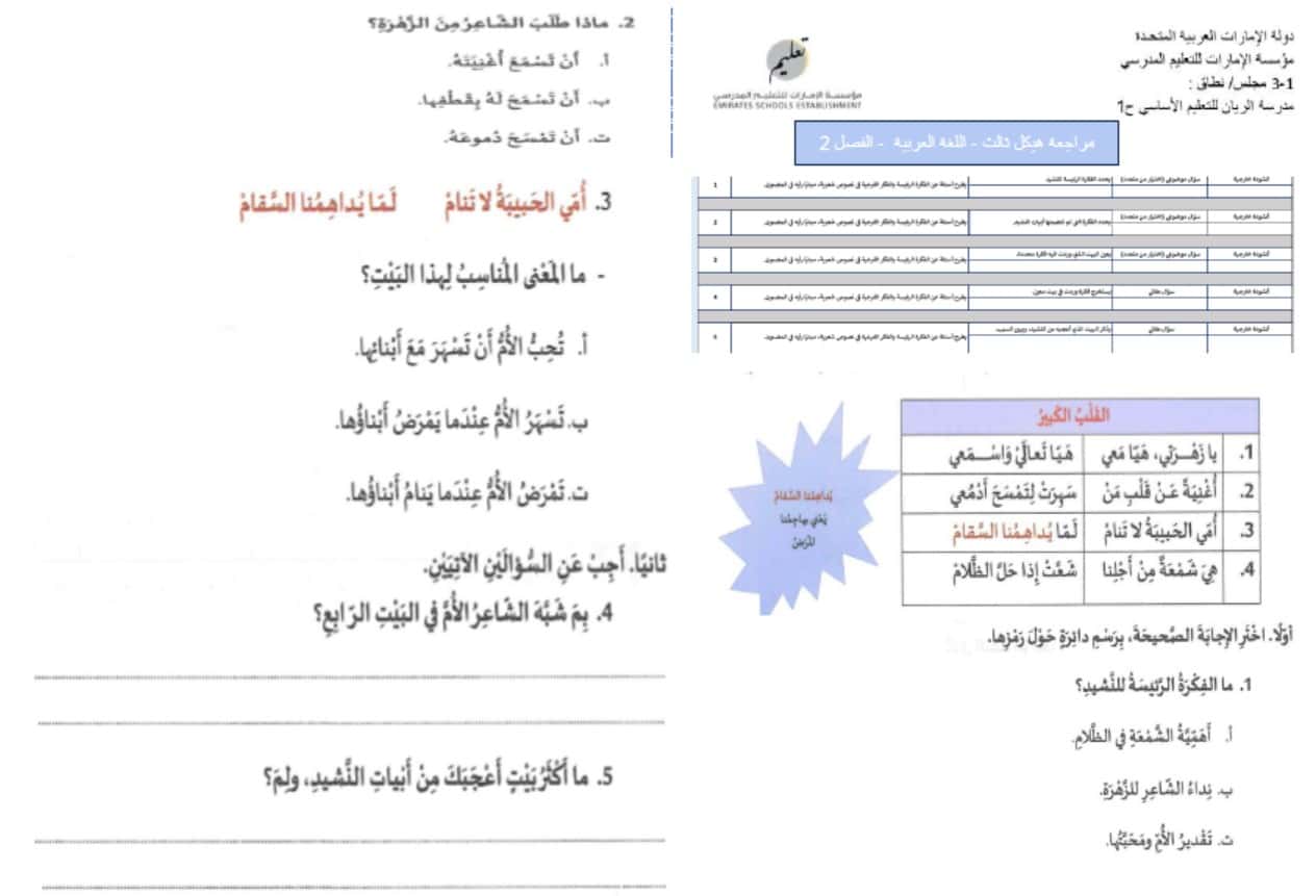 تدريبات وفقا للهيكل الوزاري اللغة العربية الصف الثالث