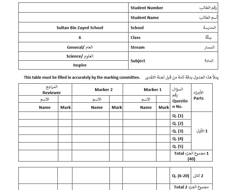 نموذج امتحان نهائي العلوم المتكاملة الصف السادس انسباير