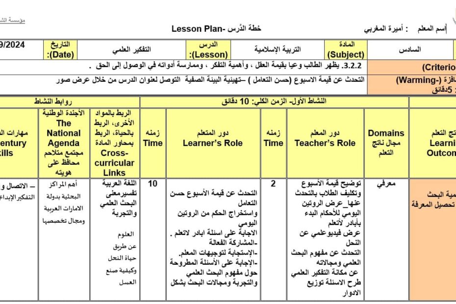 الخطة الدرسية اليومية التفكير العلمي التربية الإسلامية الصف السادس