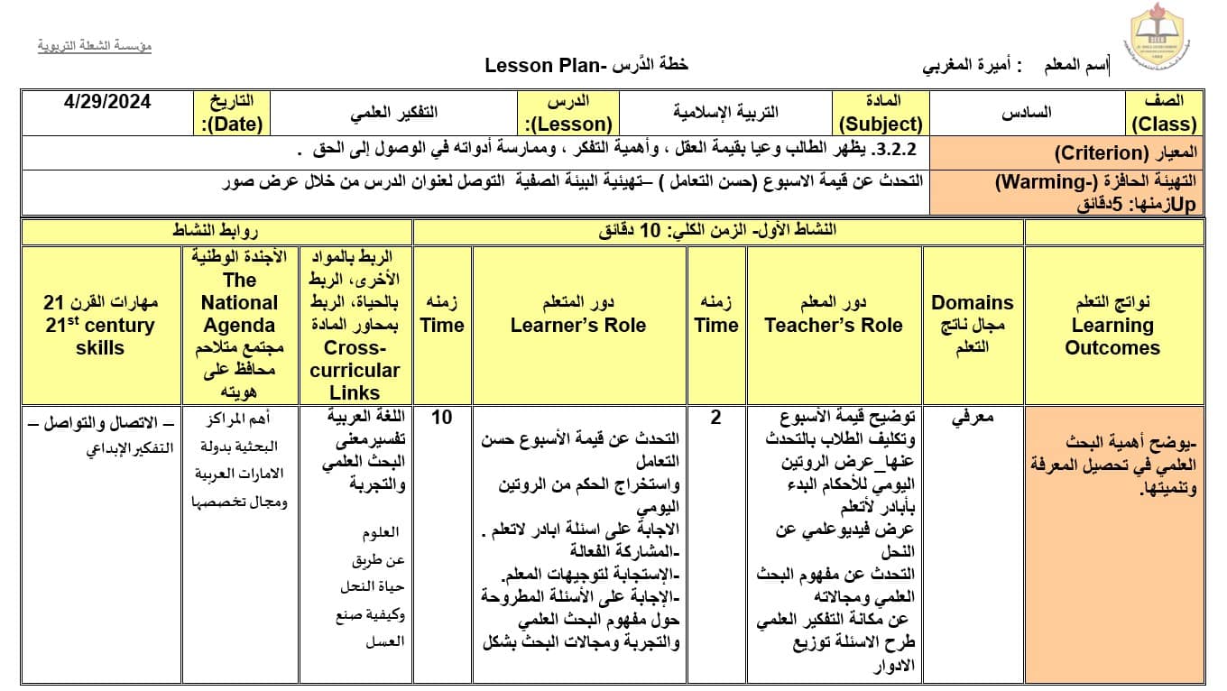 الخطة الدرسية اليومية التفكير العلمي التربية الإسلامية الصف السادس 