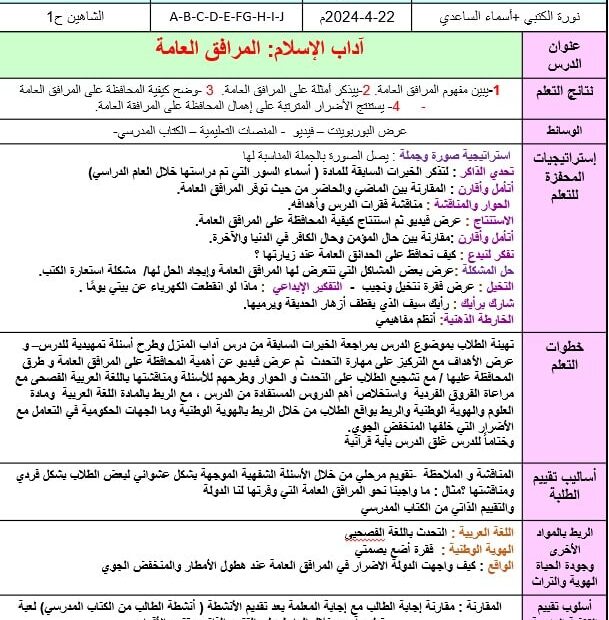 الخطة الدرسية اليومية المرافق العامة التربية الإسلامية الصف الرابع - بوربوينت
