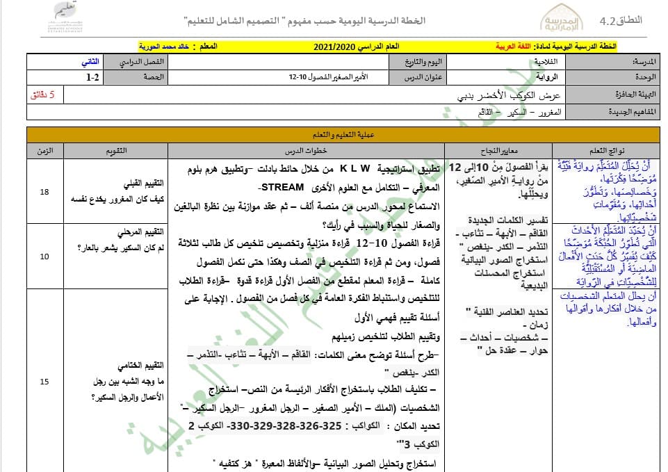 الخطة الدرسية اليومية الأمير الصغير من الفصل العاشر إلى الثامن عشر اللغة العربية الصف التاسع