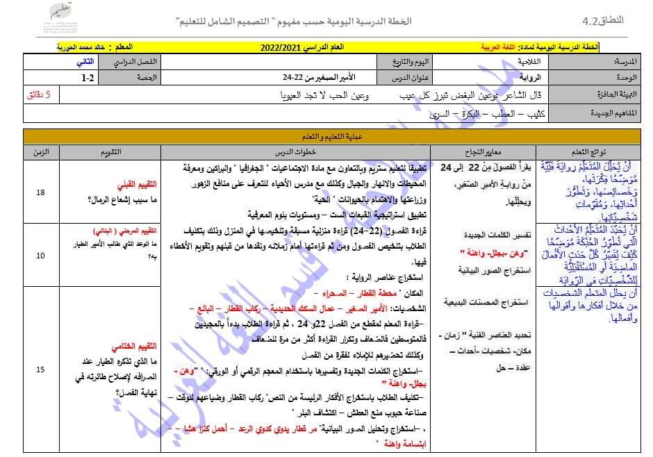 الخطة الدرسية اليومية الأمير الصغير من الفصل الثاني والعشرون إلى الرابع والعشرون اللغة العربية الصف التاسع