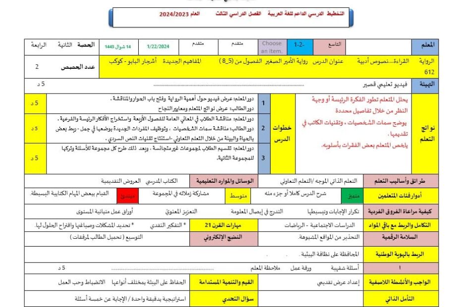 الخطة الدرسية اليومية الأمير الصغير من الفصل الخامس إلى الثامن اللغة العربية الصف التاسع