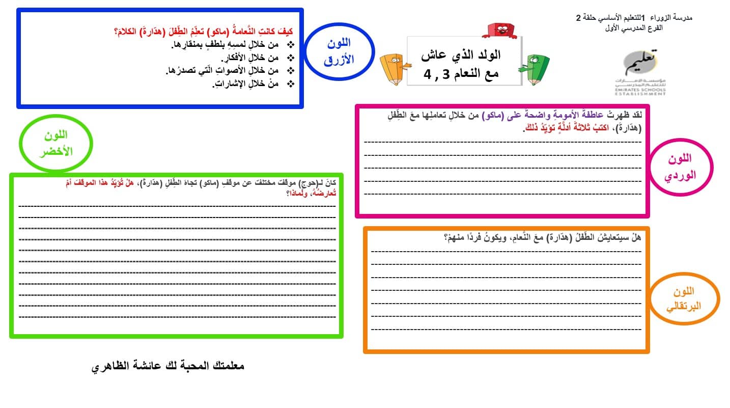 ورقة عمل الولد الذي عاش مع النعام الفصل الثالث والرابع اللغة العربية الصف السابع - بوربوينت