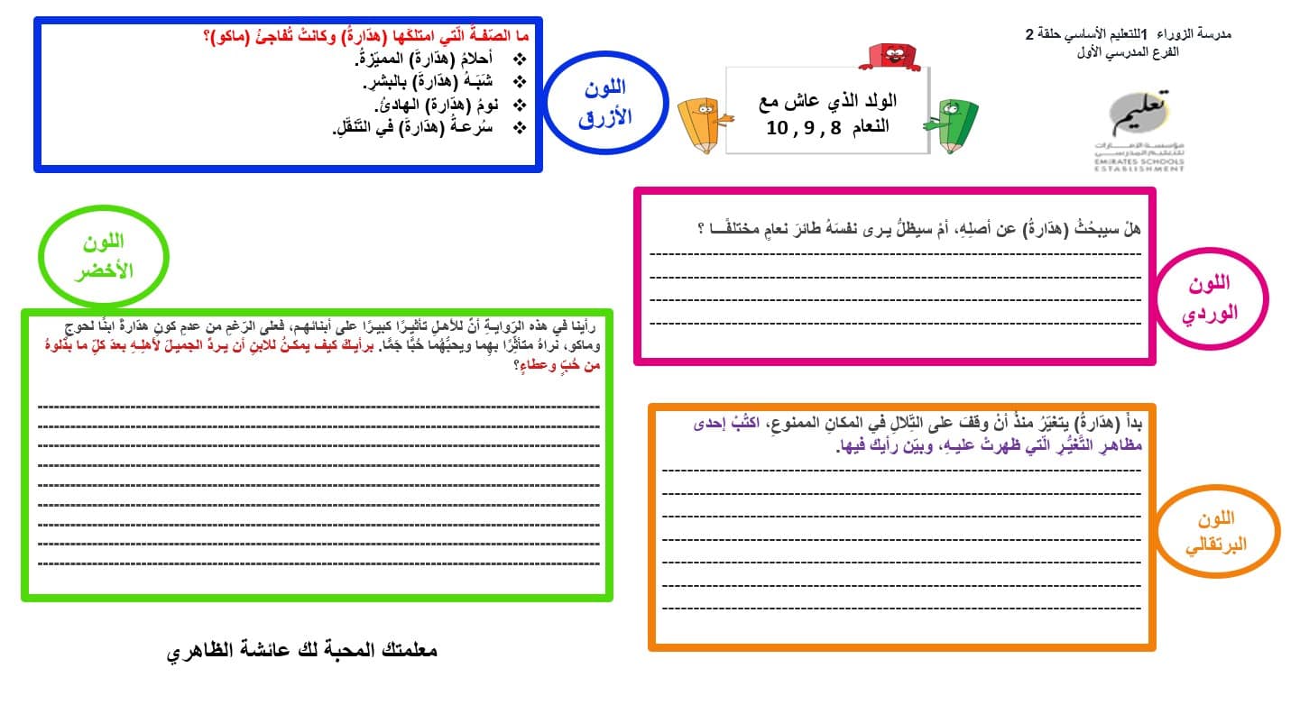 ورقة عمل الولد الذي عاش مع النعام الفصل الثامن والتاسع والعاشر اللغة العربية الصف السابع - بوربوينت