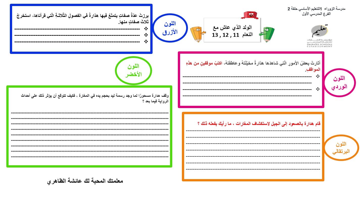 ورقة عمل الولد الذي عاش مع النعام الفصل الحادي عشر والثاني عشر والثالث عشر اللغة العربية الصف السابع - بوربوينت