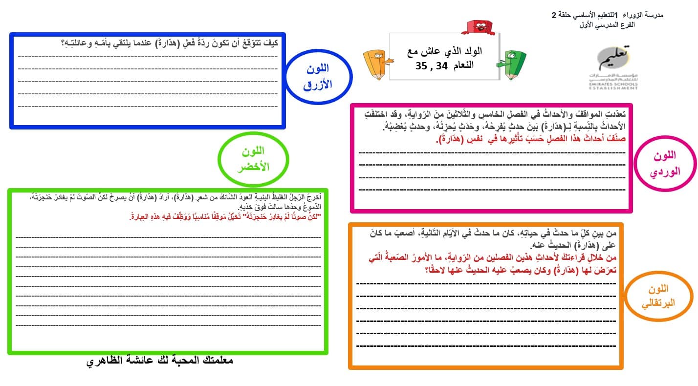 ورقة عمل الولد الذي عاش مع النعام الفصل الرابع والثلاثون والخامس والثلاثون اللغة العربية الصف السابع - بوربوينت