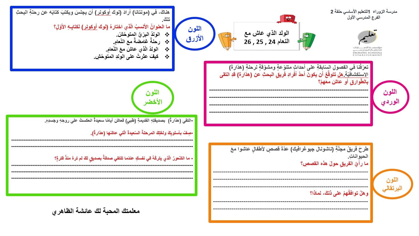 ورقة عمل الولد الذي عاش مع النعام الفصل الرابع والعشرون والخامس والعشرون والسادس والعشرون اللغة العربية الصف السابع - بوربوينت