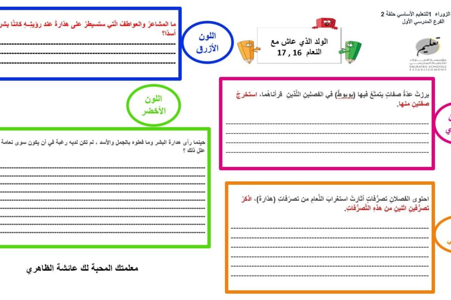 ورقة عمل الولد الذي عاش مع النعام الفصل السابع عشر والثامن عشر اللغة العربية الصف السابع - بوربوينت