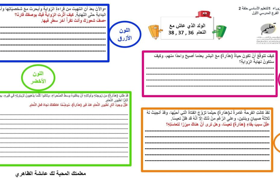 ورقة عمل الولد الذي عاش مع النعام الفصل السادس والثلاثون والسابع والثلاثون والثامن والثلاثون اللغة العربية الصف السابع - بوربوينت