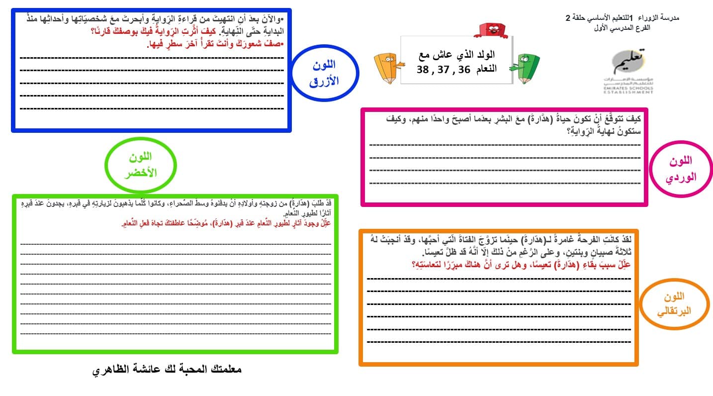 ورقة عمل الولد الذي عاش مع النعام الفصل السادس والثلاثون والسابع والثلاثون والثامن والثلاثون اللغة العربية الصف السابع - بوربوينت