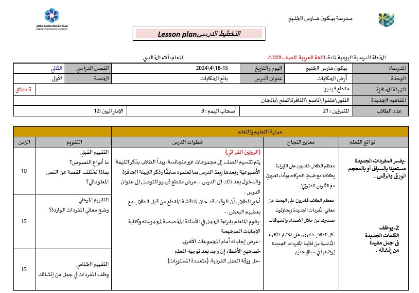 الخطة الدرسية اليومية بائع الحكايات اللغة العربية الصف الثالث 