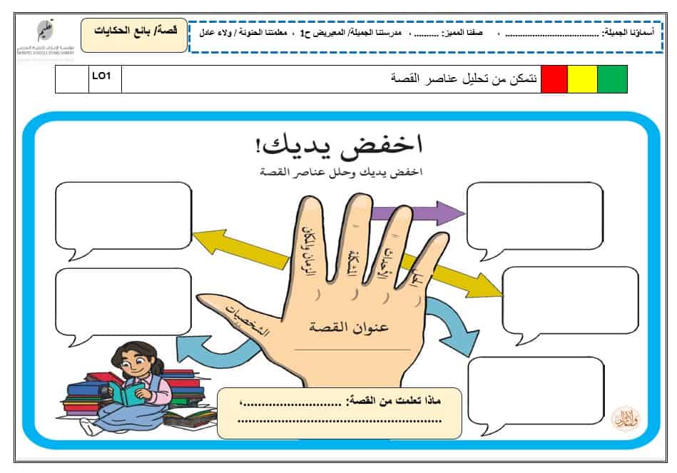 ورقة عمل تحليل عناصر قصة بائع الحكايات اللغة العربية الصف الثالث