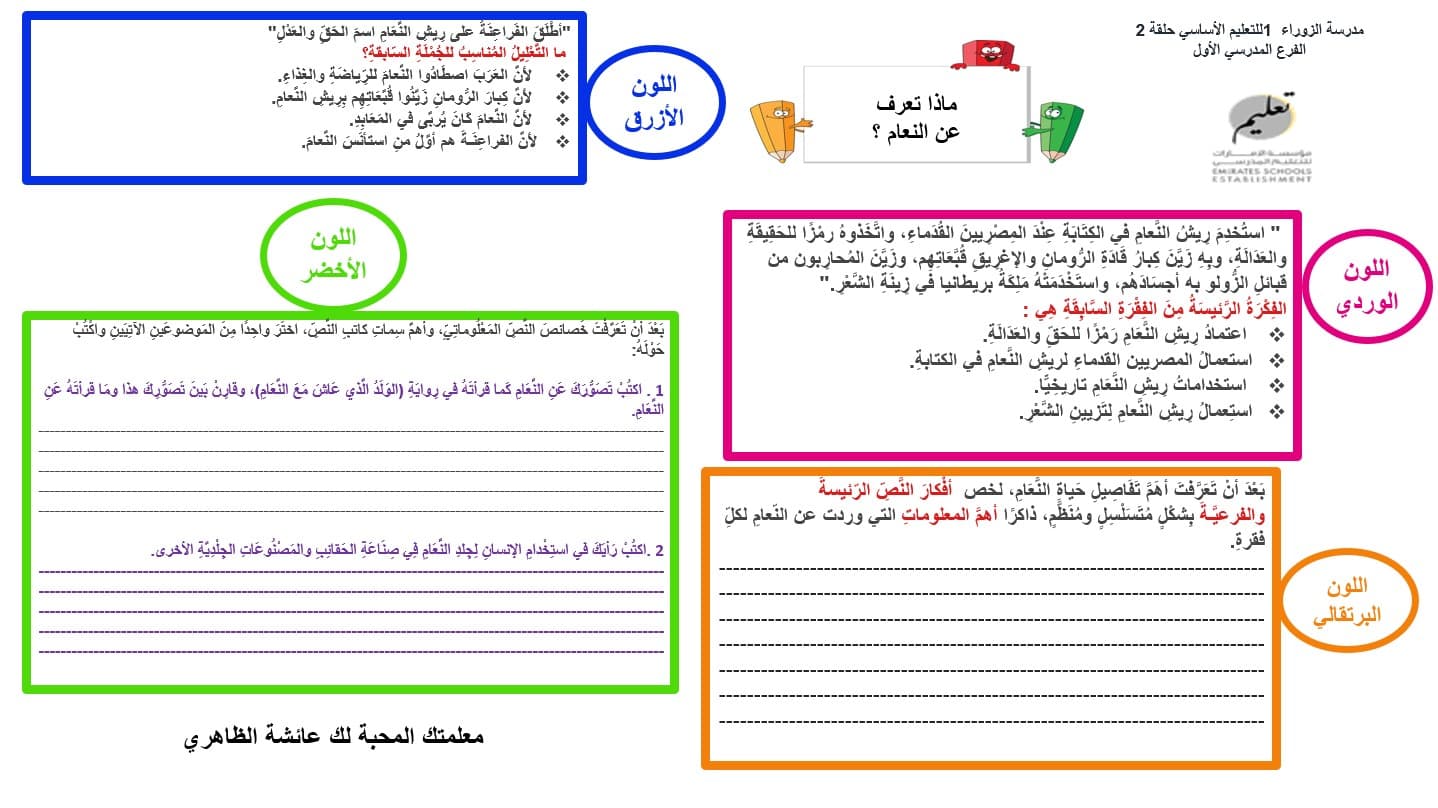 ورقة عمل ماذا تعرف عن النعام اللغة العربية الصف السابع - بوربوينت