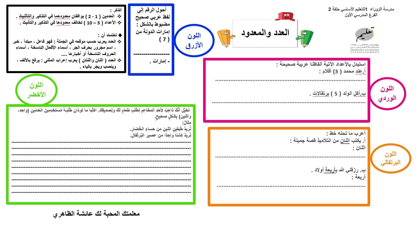 ورقة عمل العدد والمعدود اللغة العربية الصف السابع - بوربوينت