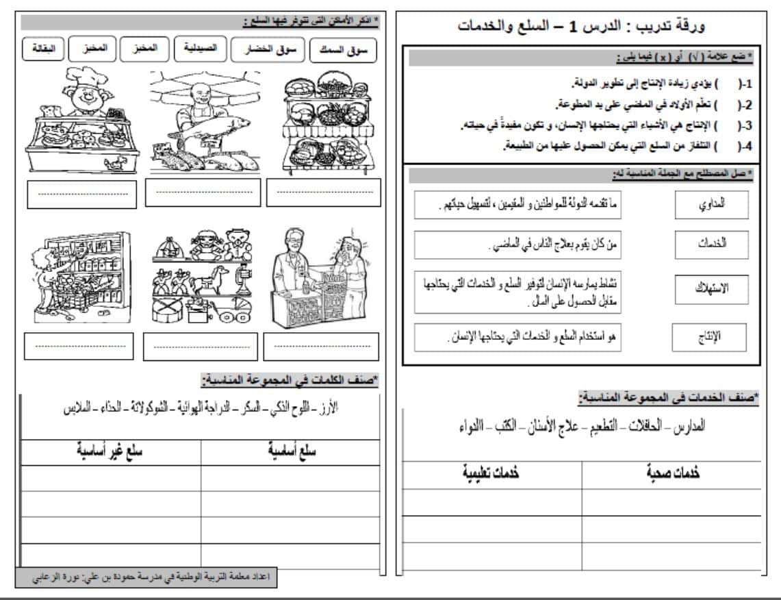 ورقة عمل درس السلع والخدمات الدراسات الإجتماعية والتربية الوطنية الصف الثاني 