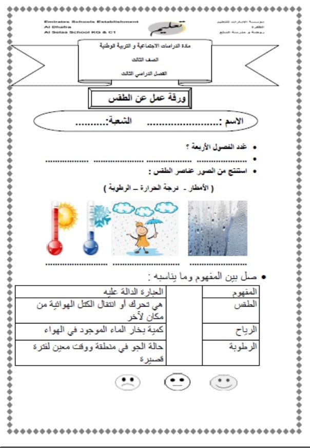 ورقة عمل المناخ والطقس الدراسات الإجتماعية والتربية الوطنية الصف الثالث