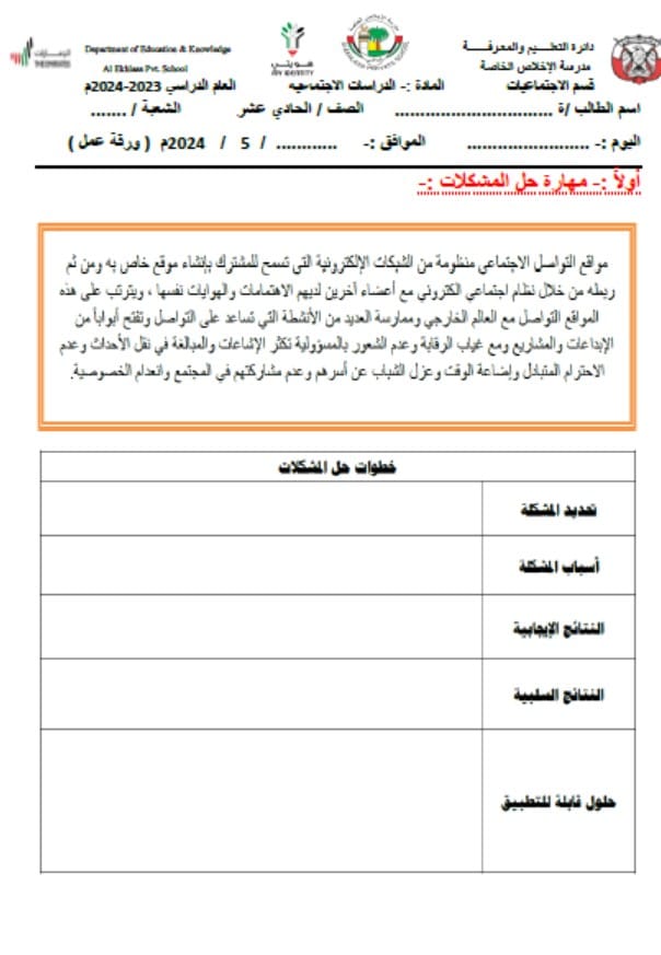 ورقة عمل مراجعة الدراسات الإجتماعية والتربية الوطنية الصف الحادي عشر 