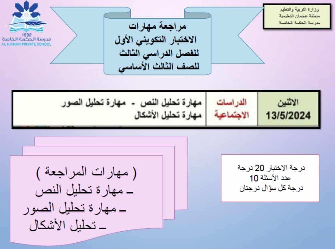 مراجعة المهارات الاختبار التكويني الأول الدراسات الإجتماعية والتربية الوطنية الصف الثالث